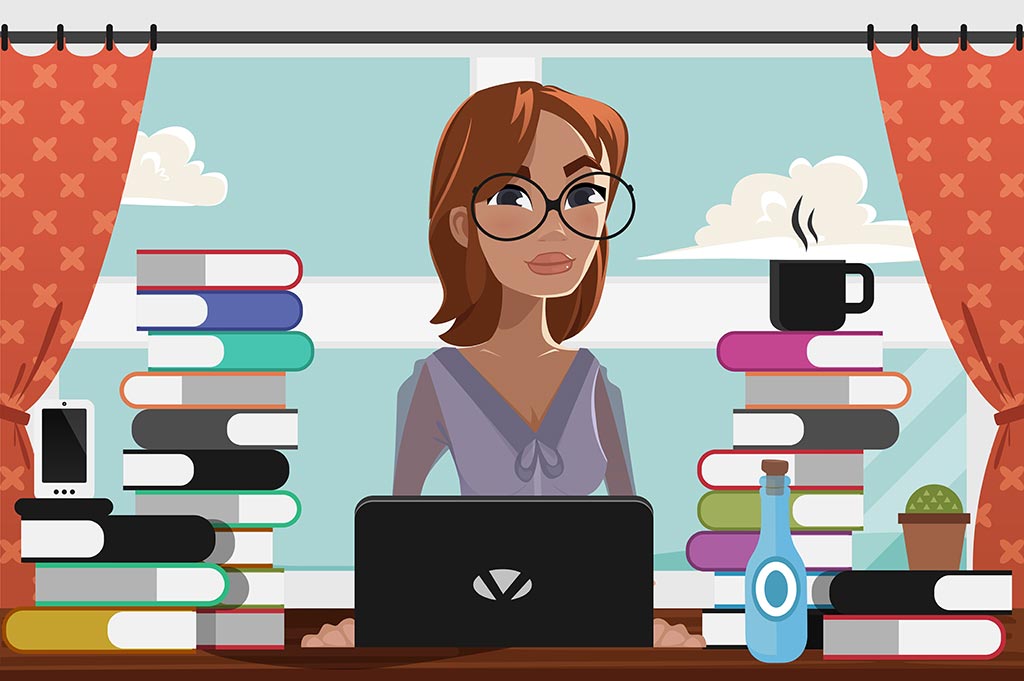 woman studying with laptop illustration